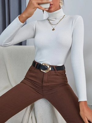 TANDUL  Women Solid High Neck White Sweater