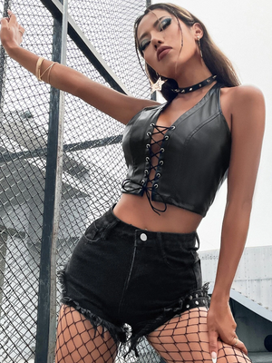 TANDUL  Casual Sleeveless Solid Women BLACK Top