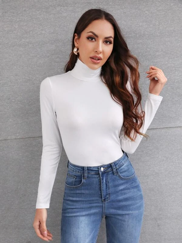 TANDUL Women Solid High Neck White Sweater