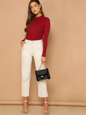 TANDUL Women Solid High Neck Maroon Sweater