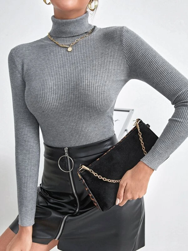 TANDUL Women Solid High Neck Grey Sweater