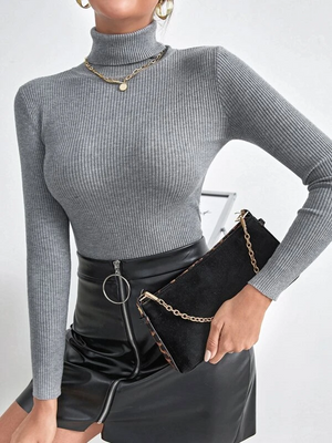 TANDUL Women Solid High Neck Grey Sweater