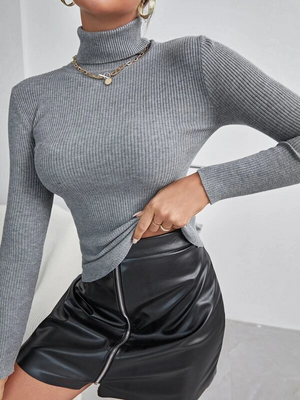 TANDUL Women Solid High Neck Grey Sweater