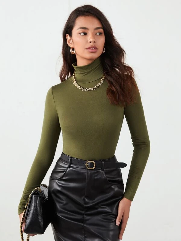 TANDUL Women Solid High Neck Green Sweater