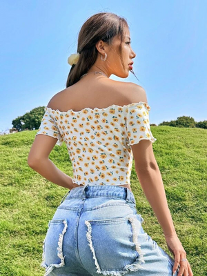 Casual Off Shoulder Sleeve Printed Women Multicolor Top