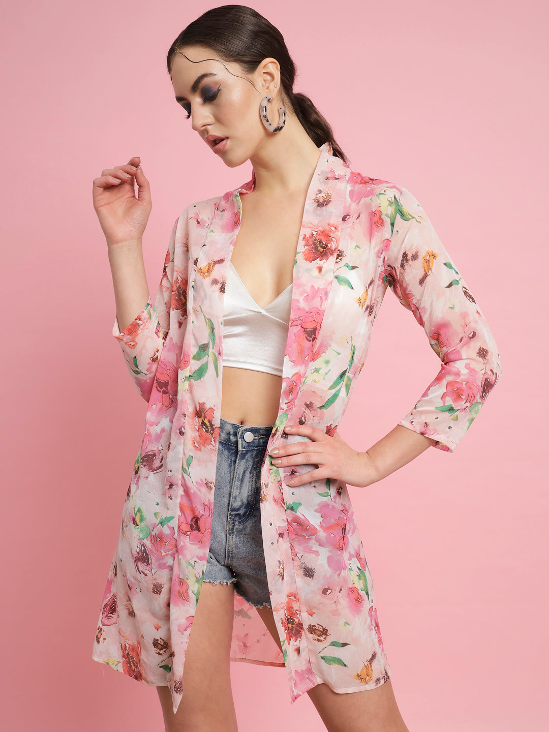 Women Longline 3/4th Sleeve Multicolor Shrug