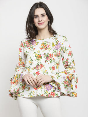 ZARVEY Casual Bell Sleeve Printed Women White Top