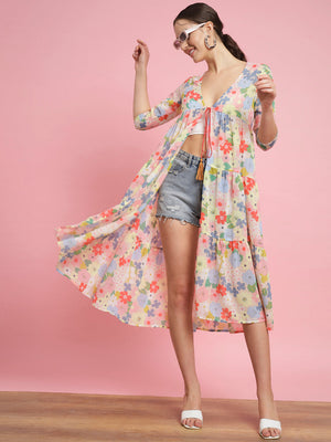 Women Longline 3/4th Sleeve Multicolor Shrug