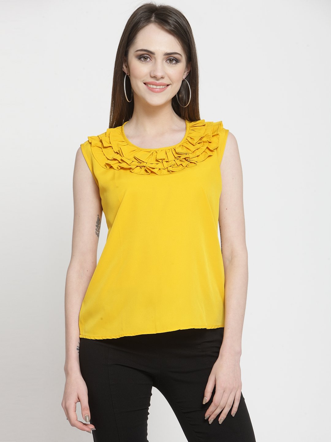 ZARVEY Casual No Sleeve Solid Women Yellow Top