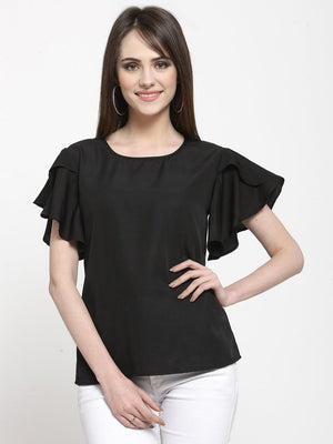 ZARVEY Casual Petal Sleeve Solid Women Black Top