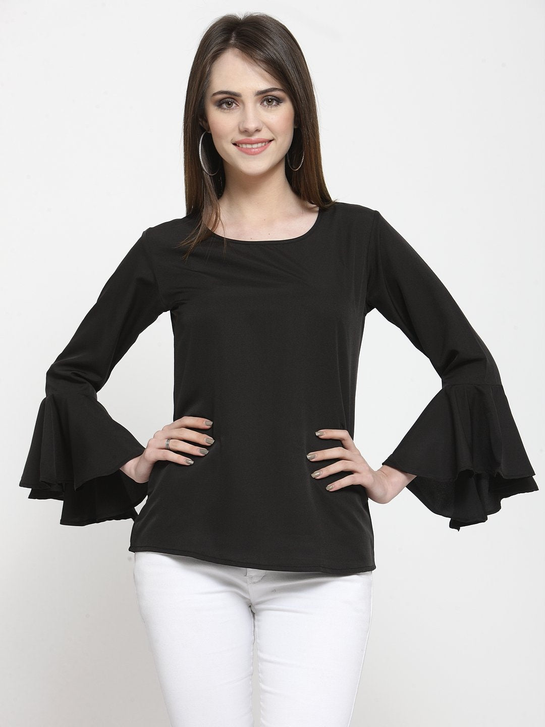ZARVEY Casual Bell Sleeve Solid Women Black Top