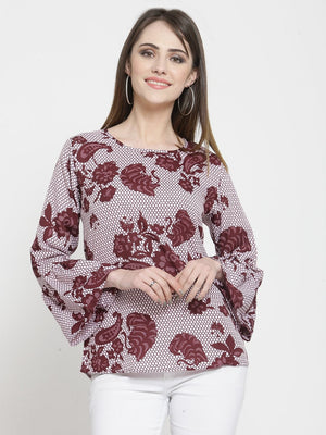 ZARVEY Casual Bell Sleeve Printed Women White, Maroon Top