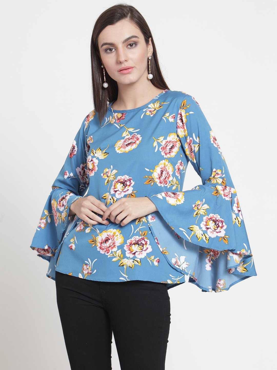 ZARVEY Casual Bell Sleeve Floral Print Women Multicolor Top