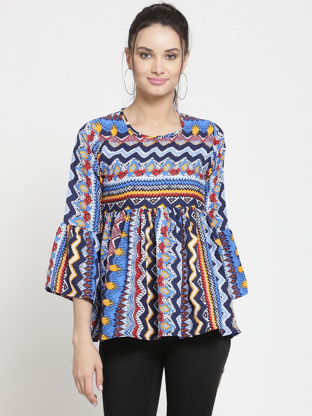 ZARVEY Casual Bell Sleeve Printed Women Multicolor Top