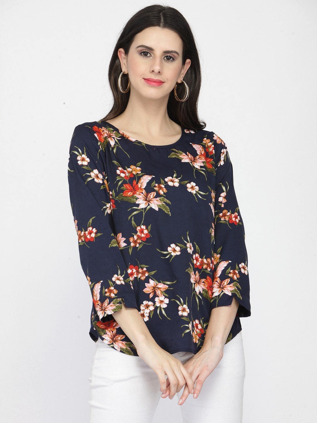 ZARVEY Casual Slit Sleeve Printed, Floral Print Women Blue Top