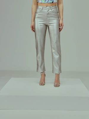 TANDUL Women Regular Fit Silver Faux Leather Trousers