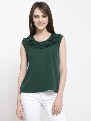 ZARVEY Casual No Sleeve Solid Women Dark Green Top