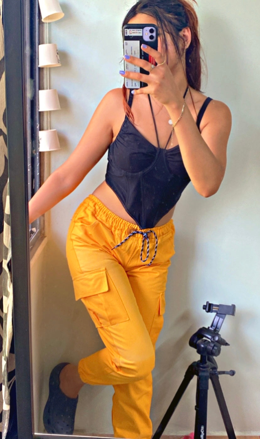 Women Regular Fit Yellow Cotton Blend Trousers
