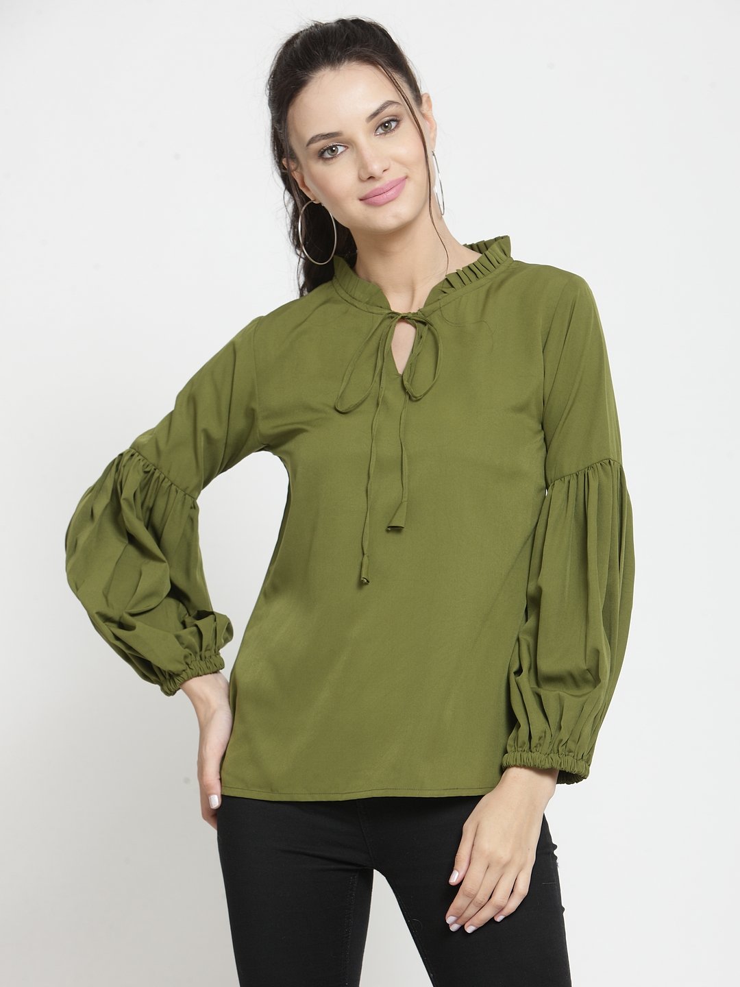 ZARVEY Casual Bishop Sleeve Solid Women Green Top