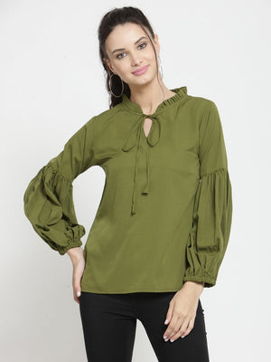 ZARVEY Casual Bishop Sleeve Solid Women Green Top