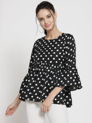 ZARVEY Casual Bell Sleeve Printed Women White, Black Top