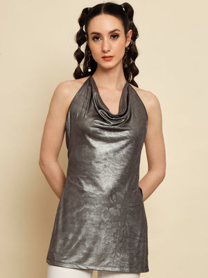 TANDUL  Casual Regular Sleeves Solid Women Silver Top