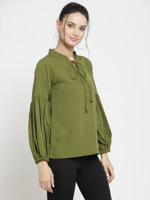 ZARVEY Casual Bishop Sleeve Solid Women Green Top