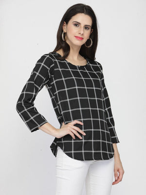 ZARVEY Casual Regular Sleeve Printed, Checkered Women Black Top