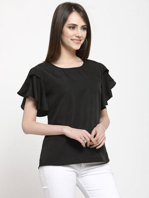 ZARVEY Casual Petal Sleeve Solid Women Black Top