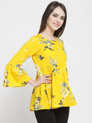 ZARVEY Casual Bell Sleeve Printed Women White, Grey, Yellow Top