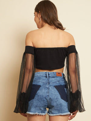 Casual Bishop Sleeve Solid Women Black Top
