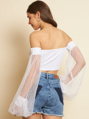 Casual Bishop Sleeve Solid Women White Top