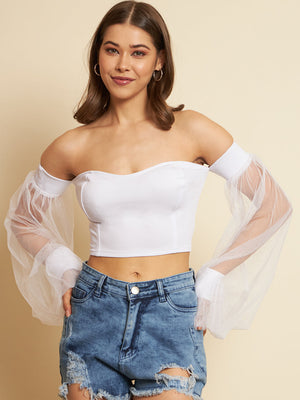 Casual Bishop Sleeve Solid Women White Top