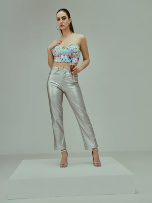 TANDUL Women Regular Fit Silver Faux Leather Trousers