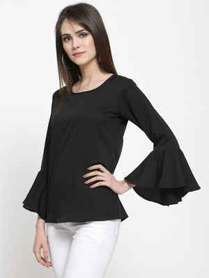ZARVEY Casual Bell Sleeve Solid Women Black Top