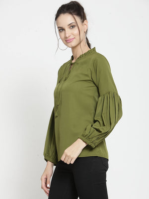 ZARVEY Casual Bishop Sleeve Solid Women Green Top