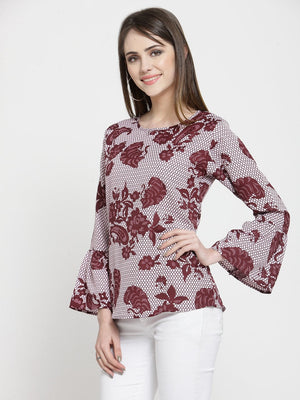 ZARVEY Casual Bell Sleeve Printed Women White, Maroon Top
