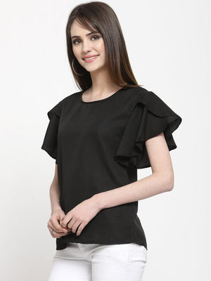 ZARVEY Casual Petal Sleeve Solid Women Black Top