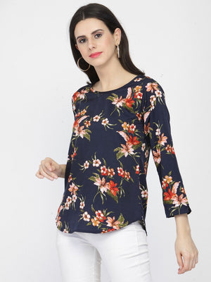 ZARVEY Casual Slit Sleeve Printed, Floral Print Women Blue Top
