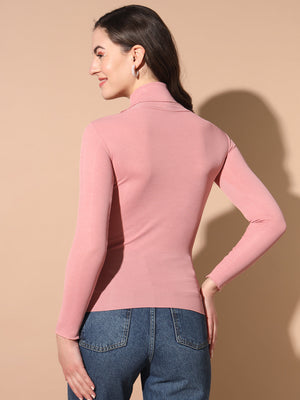 TANDUL Women Solid High Neck Pink Sweater