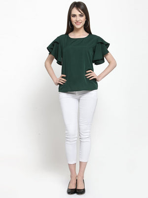 ZARVEY Casual Petal Sleeve Solid Women Dark Green Top