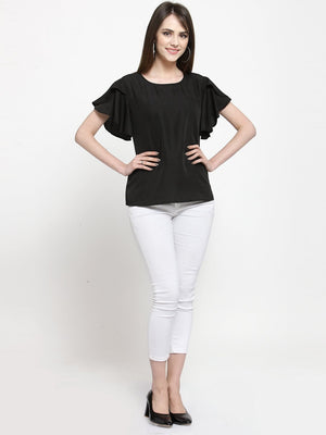 ZARVEY Casual Petal Sleeve Solid Women Black Top