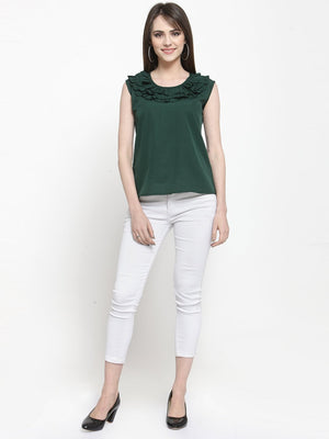 ZARVEY Casual No Sleeve Solid Women Dark Green Top