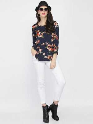 ZARVEY Casual Slit Sleeve Printed, Floral Print Women Blue Top