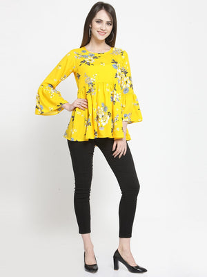 ZARVEY Casual Bell Sleeve Printed Women White, Grey, Yellow Top