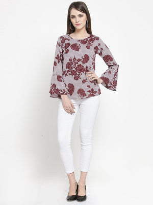ZARVEY Casual Bell Sleeve Printed Women White, Maroon Top