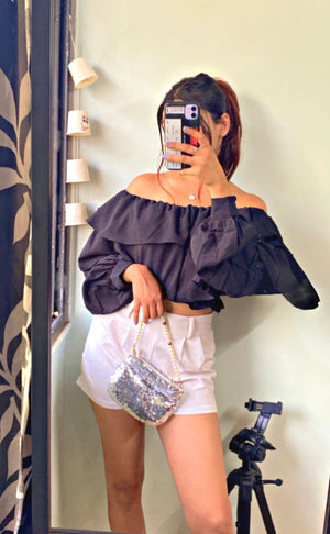 Casual Off Shoulder Sleeve Solid Women Black Top