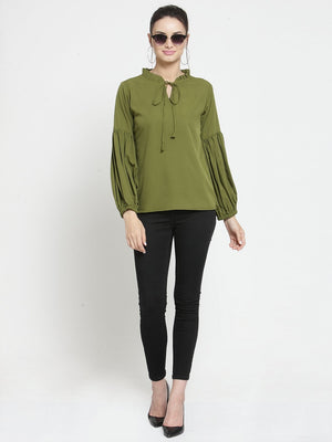 ZARVEY Casual Bishop Sleeve Solid Women Green Top