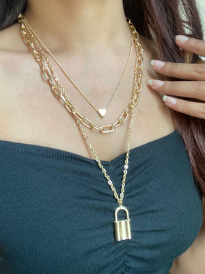 JEWEL Lock And Heart 3 Layered Chain