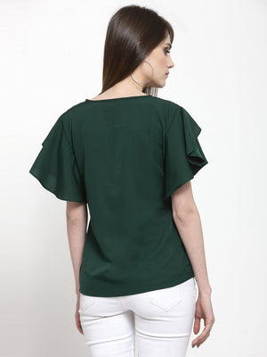 ZARVEY Casual Petal Sleeve Solid Women Dark Green Top